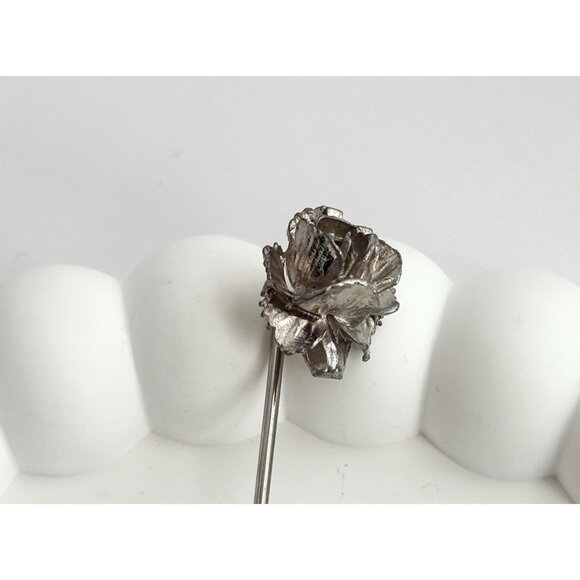 Petaled Rose Floral Faux Pearl Silver T Vintage Stick Pin | Hat Pin | Lapel Pin - Picture 1 of 9